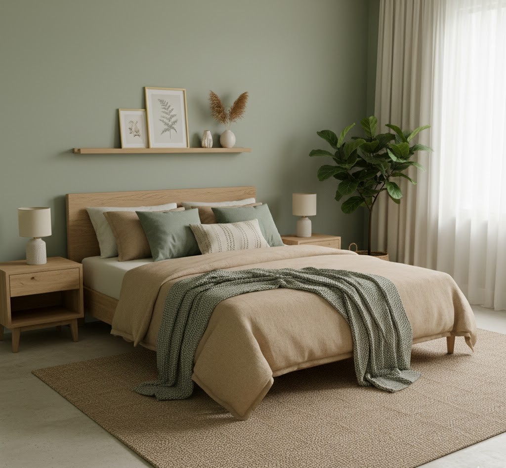 Rustige slaapkamer met natuurlijke elementen